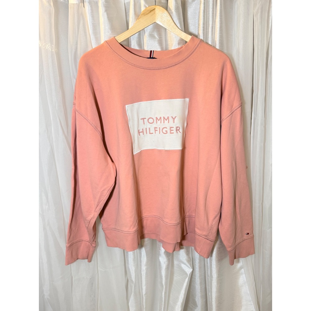 Tommy Hilfiger Sweatshirt Womens XXL Pink Logo Patch Drop Shoulder Pullover